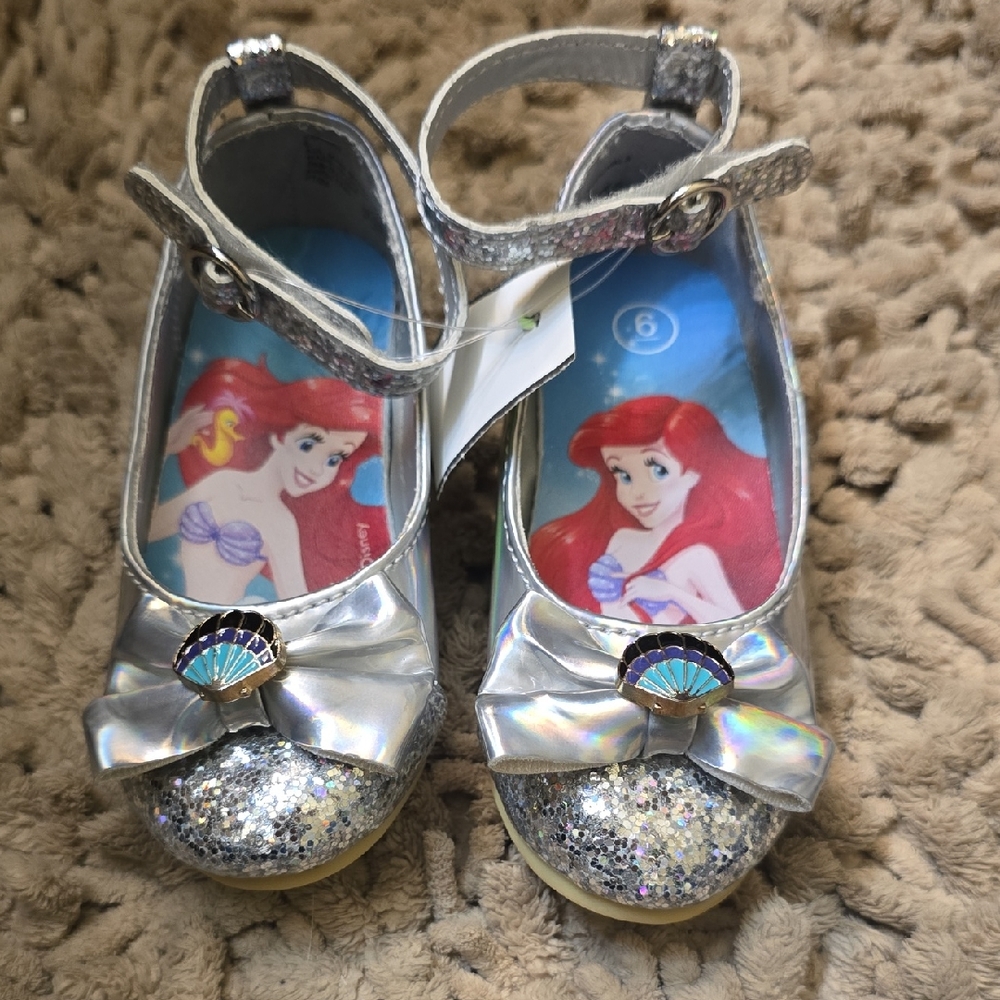 New Disney Ariel Toddler Size 6 Silver Glitter Adjustable Strap‎ Party Shoes